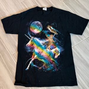 Fruit of the Loom Black Tee with Rainbow Unicorn Design